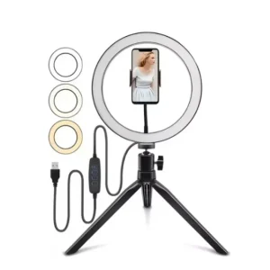 Ring Light 8 Polegadas com Tripé de Mesa e Suporte para Celular – Luz LED Bicolor USB - Imagem 1