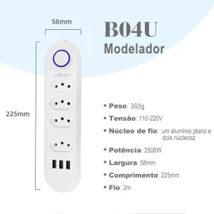 Extensão Elétrica COIBEU com 4 Tomadas e 3 USB – 2m, 2500W, Bivolt - Imagem 3